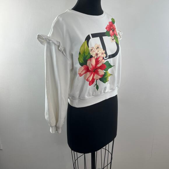 Twinset White Sweatshirt Floral Crew Neck Ruffle Drop Shoulder Pullover Size 14 - Picture 4 of 9